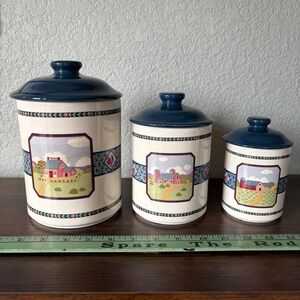 Sakura Country Scene Nesting Canister Set Blue‎ Lids Farmhouse Cottage Core